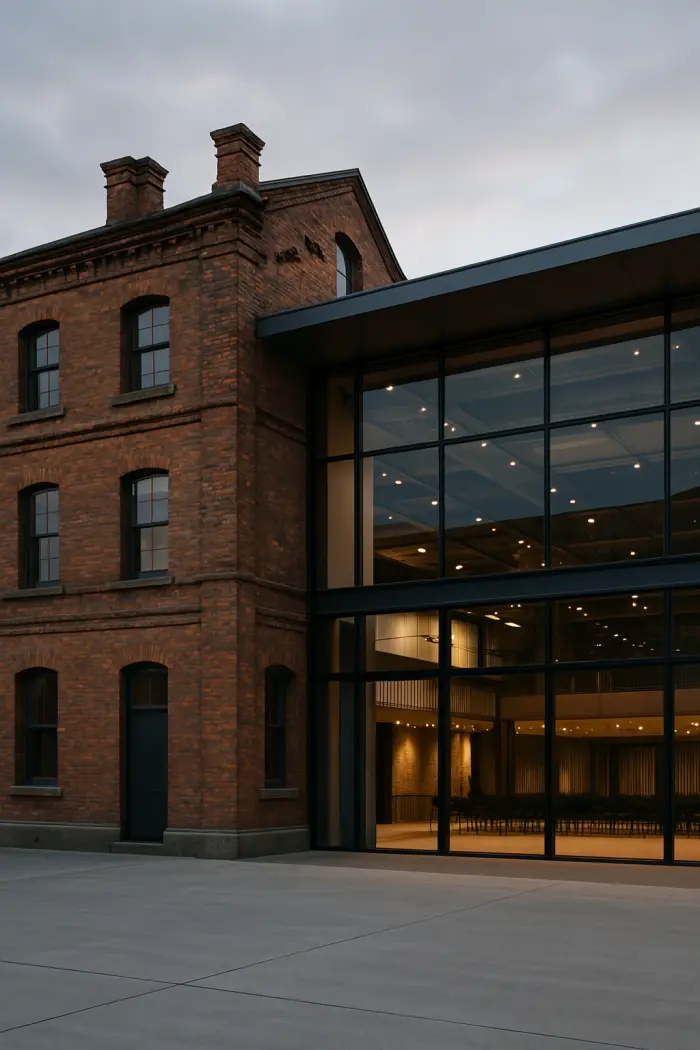 A restored heritage brick building with a modern glass extension, lit at dusk