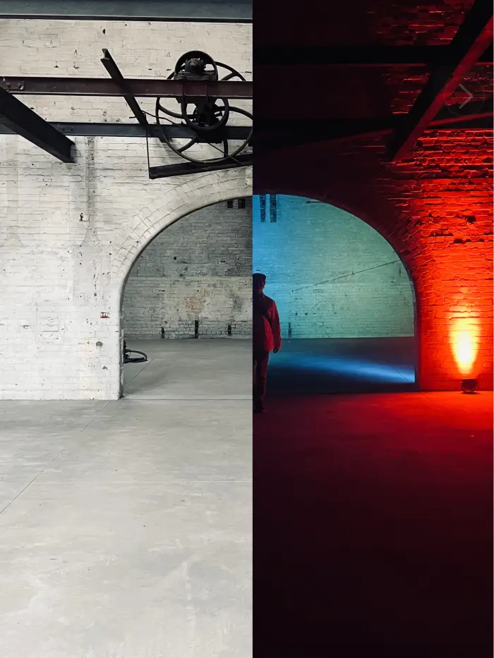 A heritage industrial interior shown in two halves: raw and empty, then activated with red light for an event
